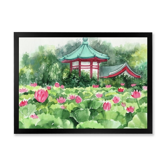 Designart 'Pagoda and Lotus Lake' Traditional Framed Art Print