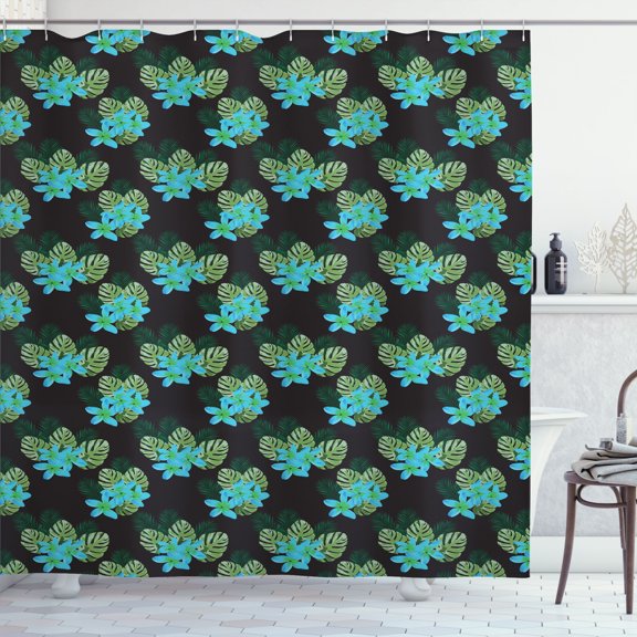 Ambesonne Tropical Shower Curtain, Exotic Leaves and Plumeria, 69"Wx75"L, Charcoal Grey Multicolor