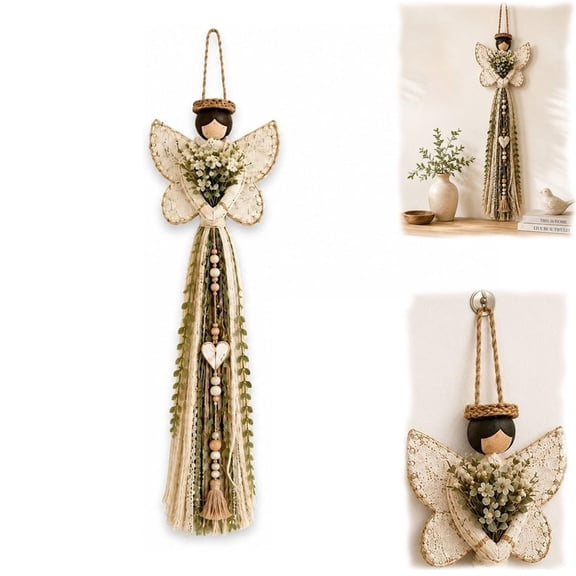Grace in Bloom Angel Wall Hanging, Angel Wings Macrame Wall Decor with Butterfly, Vintage Rustic Boho Tapestry, Blessed Home Garden Craft Gift
