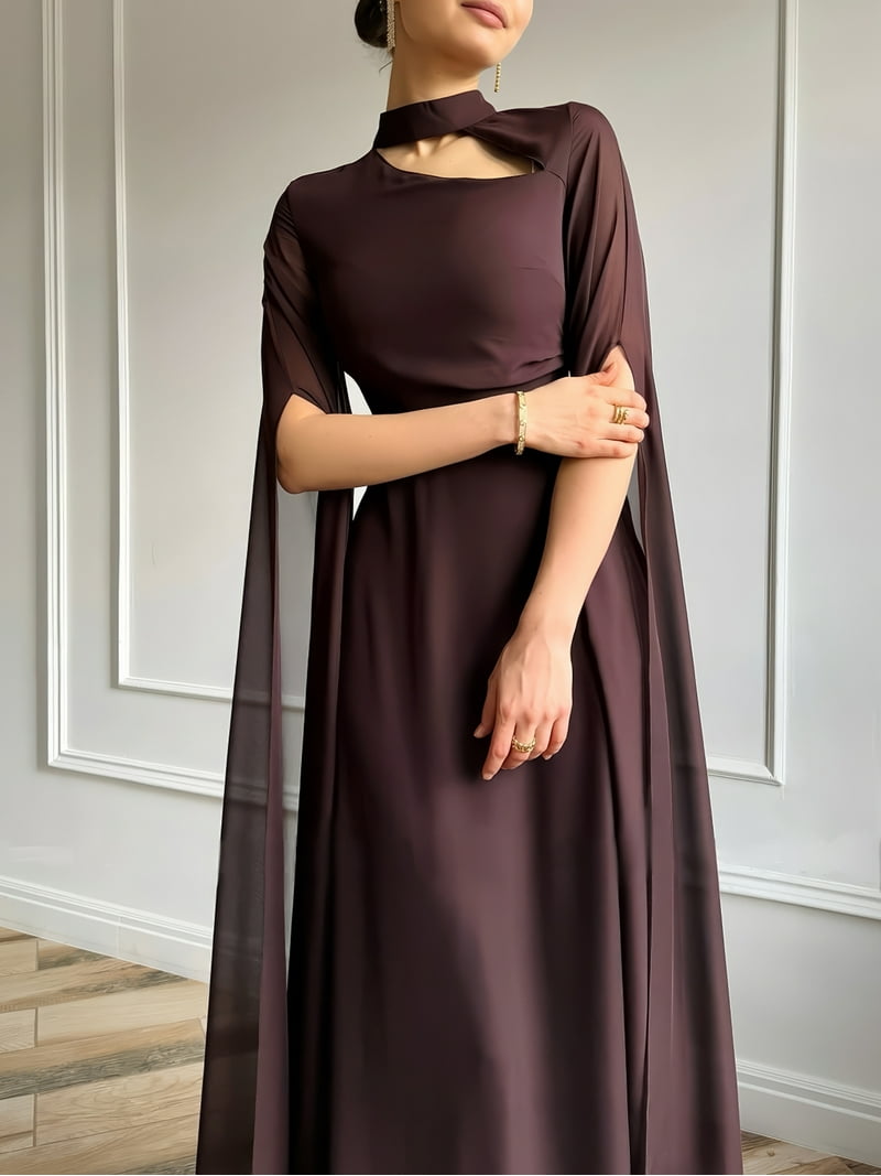 PAOLA RIBONI Elegant Long Sleeve Wedding Guest Dress in Classic Black, Modest 1pc Evening Gown with Cape Sleeve for Women, Perfect for Formal ... PAOLA RIBONI Elegant Long Sleeve Wedding Guest Dress in Classic Black, Modest 1pc Evening Gown with Cape Sleeve for Women, Perfect for Formal ...