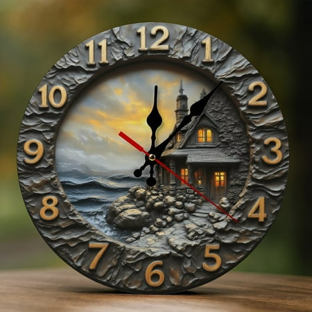 Wall Clock Decorative - Rustic Sunset Cottage-A Print 2D Vintage Wall Clocks Battery Operated Silent Non-Ticking for Bedroom, Living Room, Kitchen, Office, Classroom, 10 Inch