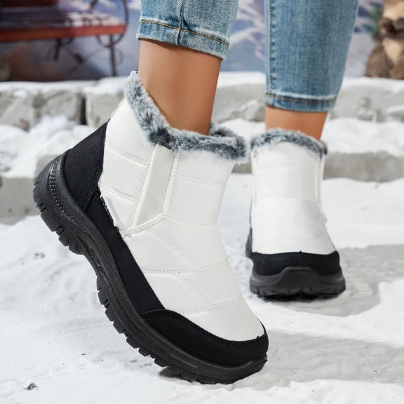 AXXD Womens Winter Boots,Mid-Calf Fuzzy Lined Boots,Slip-Resistant,White,US 9
