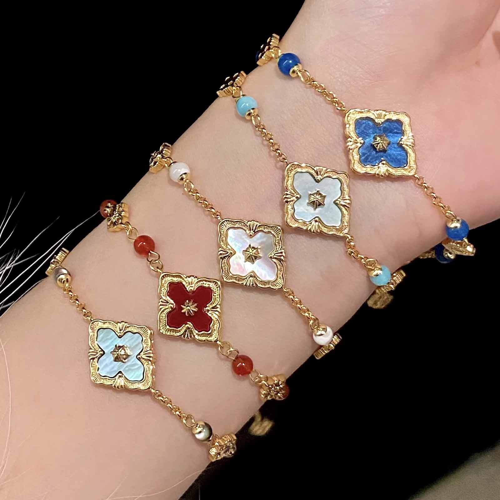 Gold Clover Bracelet for Women, Natural Mother of Pearl Flower Charm Bracelet, Lucky Four Leaf Clover Jewelry, Dainty Elegant Gift for Her Grey