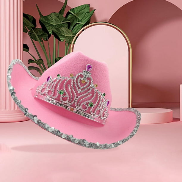 Western Style Tiara Hat for Women Girl Tiara Hat Cowboy Holiday Costume  Party Hat Accessories , pink Big crown sequins brim 