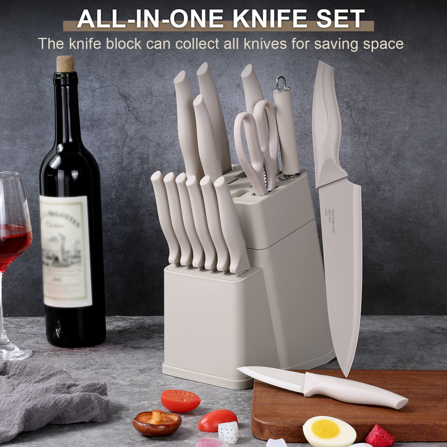 Walchoice 15 Pieces Knife Set with Block, High Carbon Stainless Steel Kitchen Knife Set with Sharpener, Rust Resistant & Dishwasher Safe - Khaki