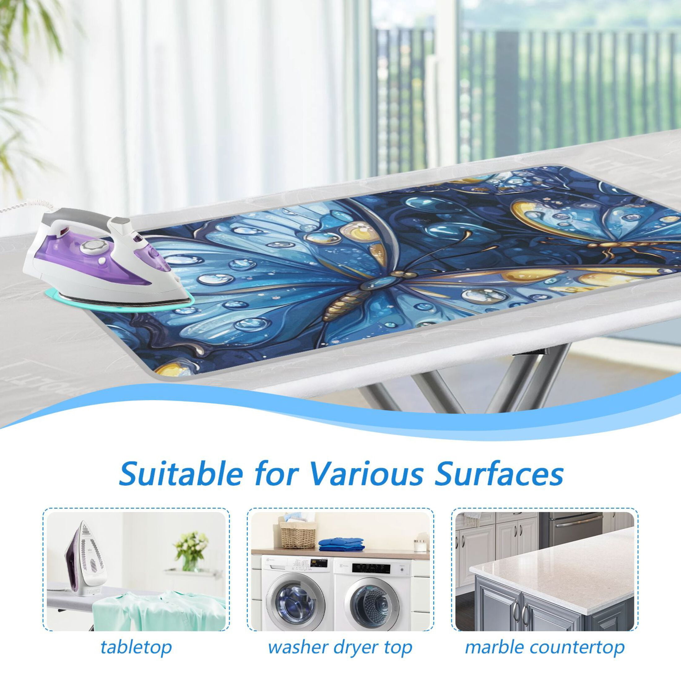 Blue Butterfly and Raindrop Ironing Mat Blanket Portable Travel Ironing Pad Heat Resistant Pad 47.2" x 27.6”