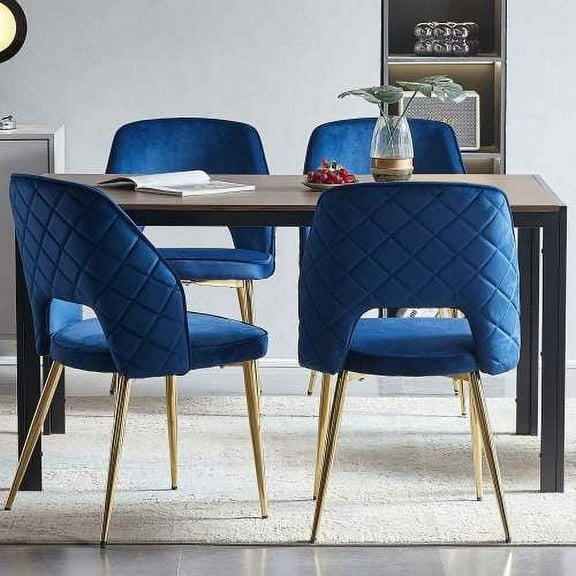 Blue Velvet Dining Chairs with Metal Legs and Hollow Back Upholstered Dining Chairs Set of 4