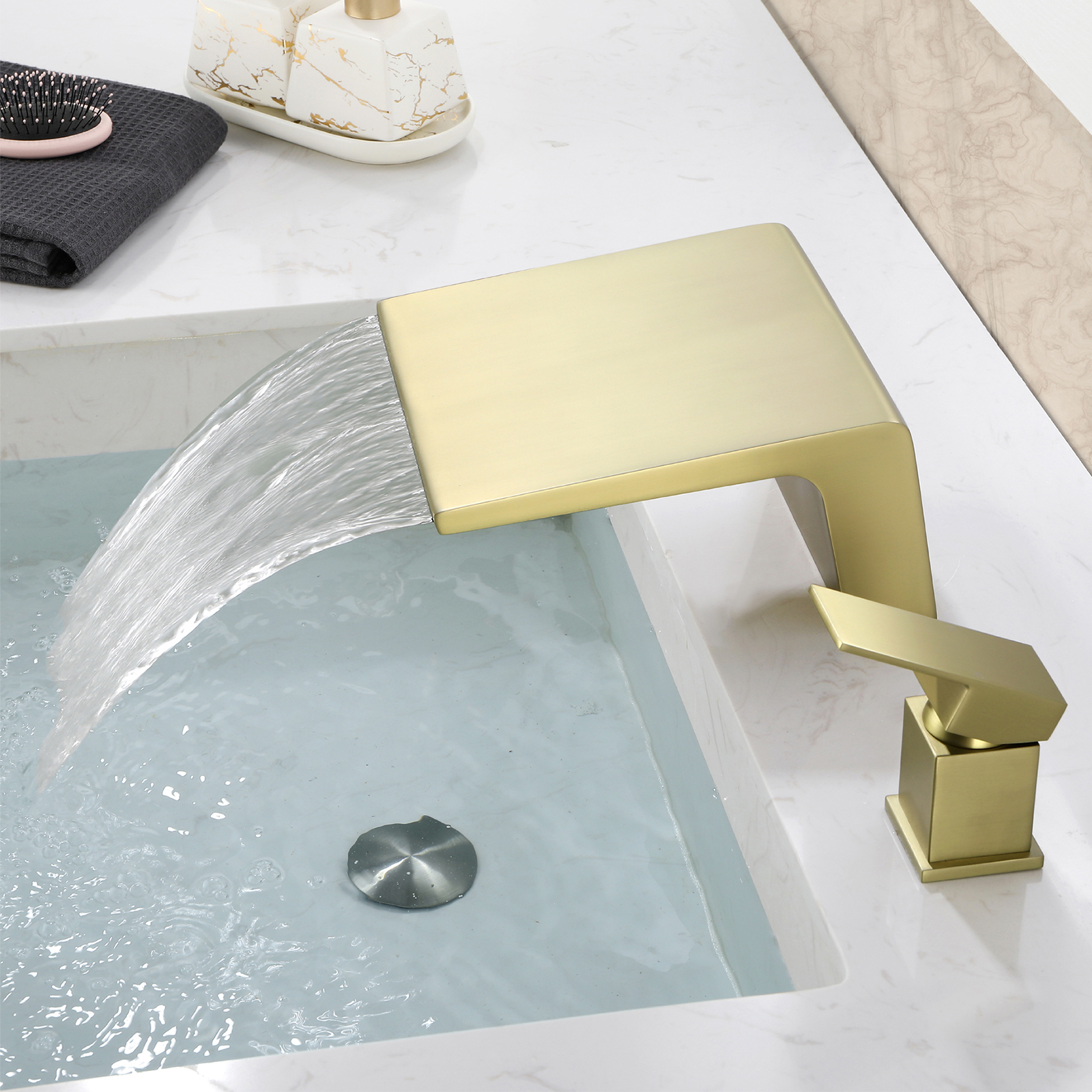 Cobbe Wide Waterfall Spout Modern Bathroom Sink Faucet Single Handle 2-Hole Mount Brushed Gold