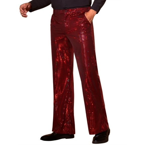 INSPIRE CHIC Sequins Pants for Men's Metallic Wide Leg Glitter Bell Bottom Flared Pants 30 Red