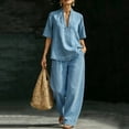 thumbnail image 2 of Enjoytime Denim Two Piece Sets for Women V-Neck Short Sleeve Tops Pants Matching Set Travel Casual Plus Size Outfits, 2 of 5