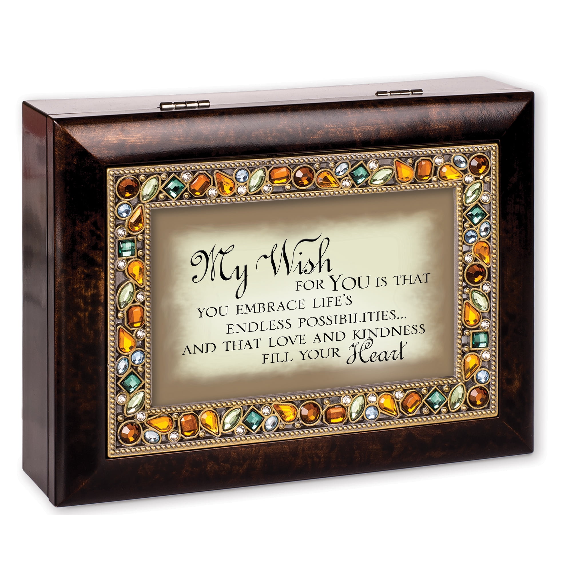 Cottage Garden My Wish for You Italian Style Burlwood Finish Decorative Jewel Lid Musical Jewelry Box - Plays Edelweiss