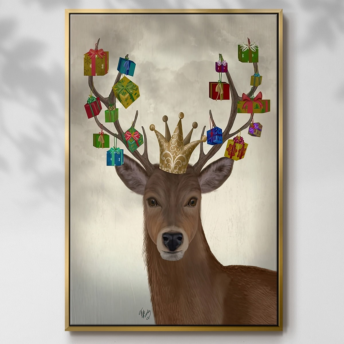 Christmas Gift Bearing Deer - Framed Gallery Wrapped Holiday Canvas - 25 x 37 - Gold Frame