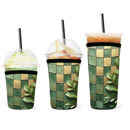 

Set of 3 Packs Reusable Hot And Iced Coffee Cup Sleeve Neoprene Tumbler Sleeve Green Leaves Green Gold Modern Art(16 24 32oz)