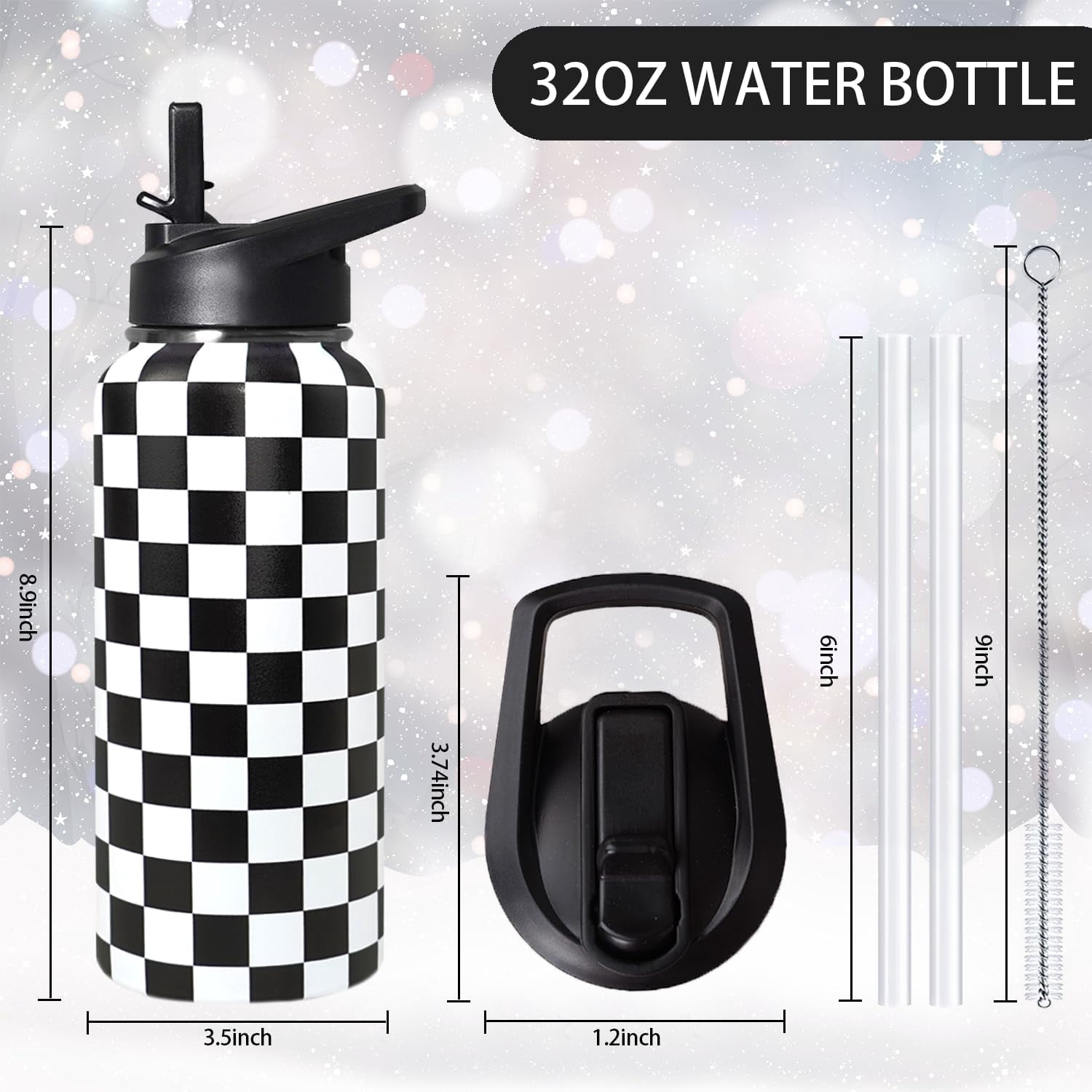 32oz Checkered Stainless Insulated Aater Water Bottle with Straw,Checkered Gym Hiking Sports Coffee Mug Cup Water Bottles,Checkered Gifts for Women,Checkered Decor Stuff Accessories