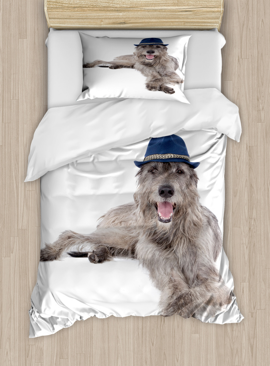 Irish Wolfhound Duvet Cover Set, Hunter Dog Animal in a Hat Sitting and