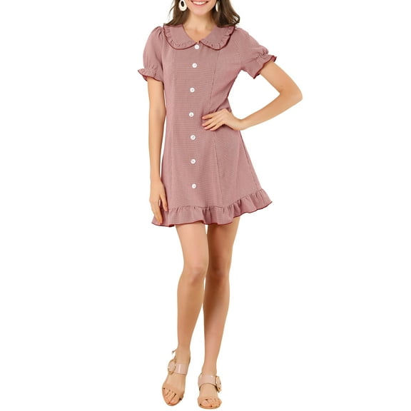 INSPIRE CHIC Women's Ruffle Peter Pan Collar Casual Button up Checkered Dress L Pink