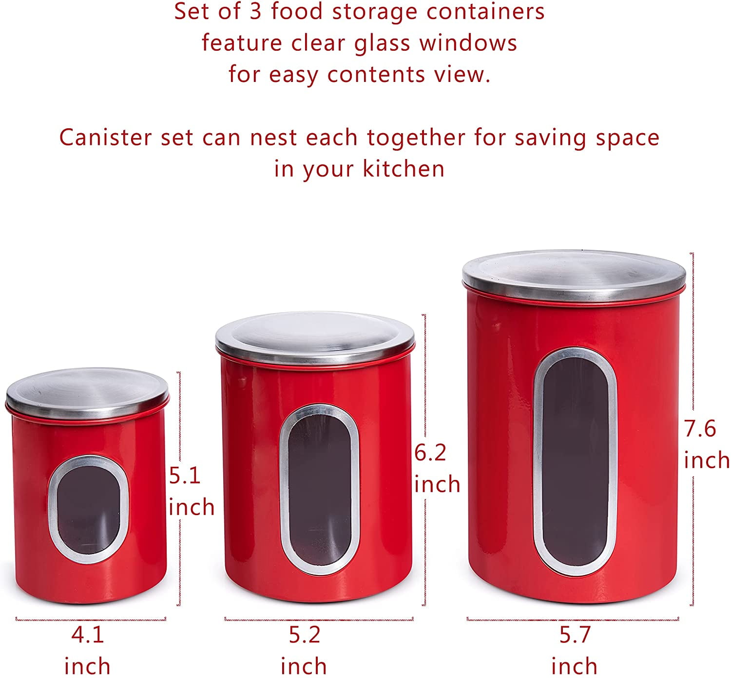 Mixpresso 3 Piece Red Canisters Sets For The Kitchen, Kitchen Jars With See Through Window, Airtight Coffee Container Tea Organizer & Sugar Canister, Kitchen Canisters Set of 3 Red Kitchen Decor.
