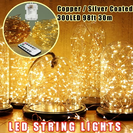 - 30M 300LED Fairy String Lights Lamp Silver Copper Wire Battery Christmas Party Night Light Decor + Remote Control