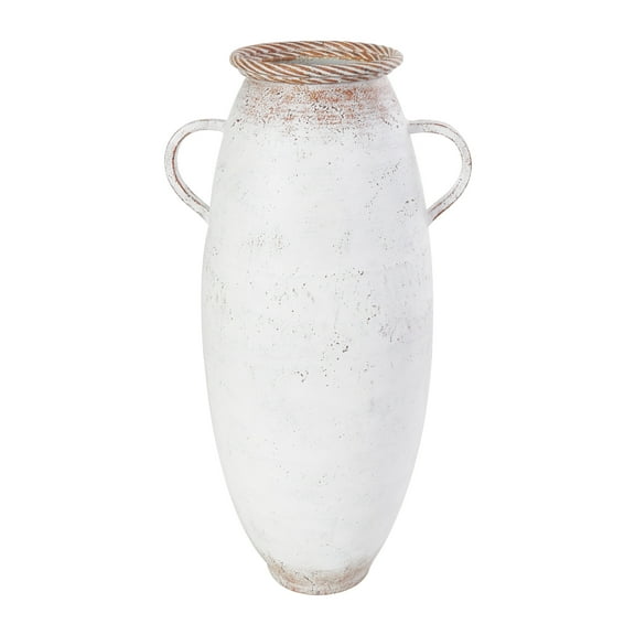 DecMode 24" White Metal Vase with Antique Distressing and Terracotta Accents