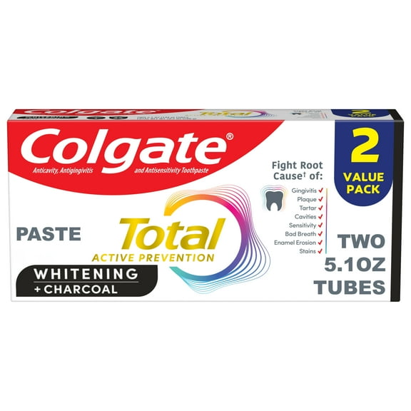 Colgate Total Active Prevention Whitening and Charcoal Toothpaste, Mint, 2 Pack, 5.1 oz