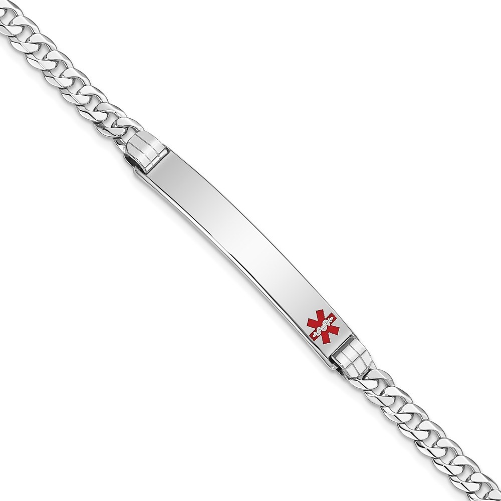 Auriga 14K White Gold Red Enamel Flat Curb Link Id Bracelet 7 inch for Women(L- 7inch, W- 6.5mm)