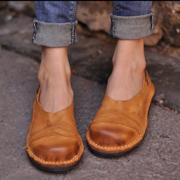 Zapatos de plataforma de tacón plano casuales de manga cómoda retro de color sólido para mujer Wmkox8yii FOPL2136
