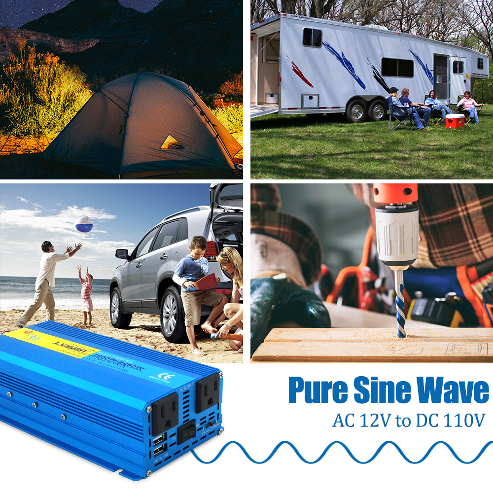 Yinleader 1000 Watt Pure Sine Wave Power Inverter 12V to 110V DC to AC Converter with 2 USB Ports and 2 AC