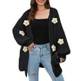 thumbnail image 3 of Female Sweaters Floral V-Neck Long Sleeve Sweater Open Front Knit Buttonless Trendy Sweater Outerwear Black One size, 3 of 8
