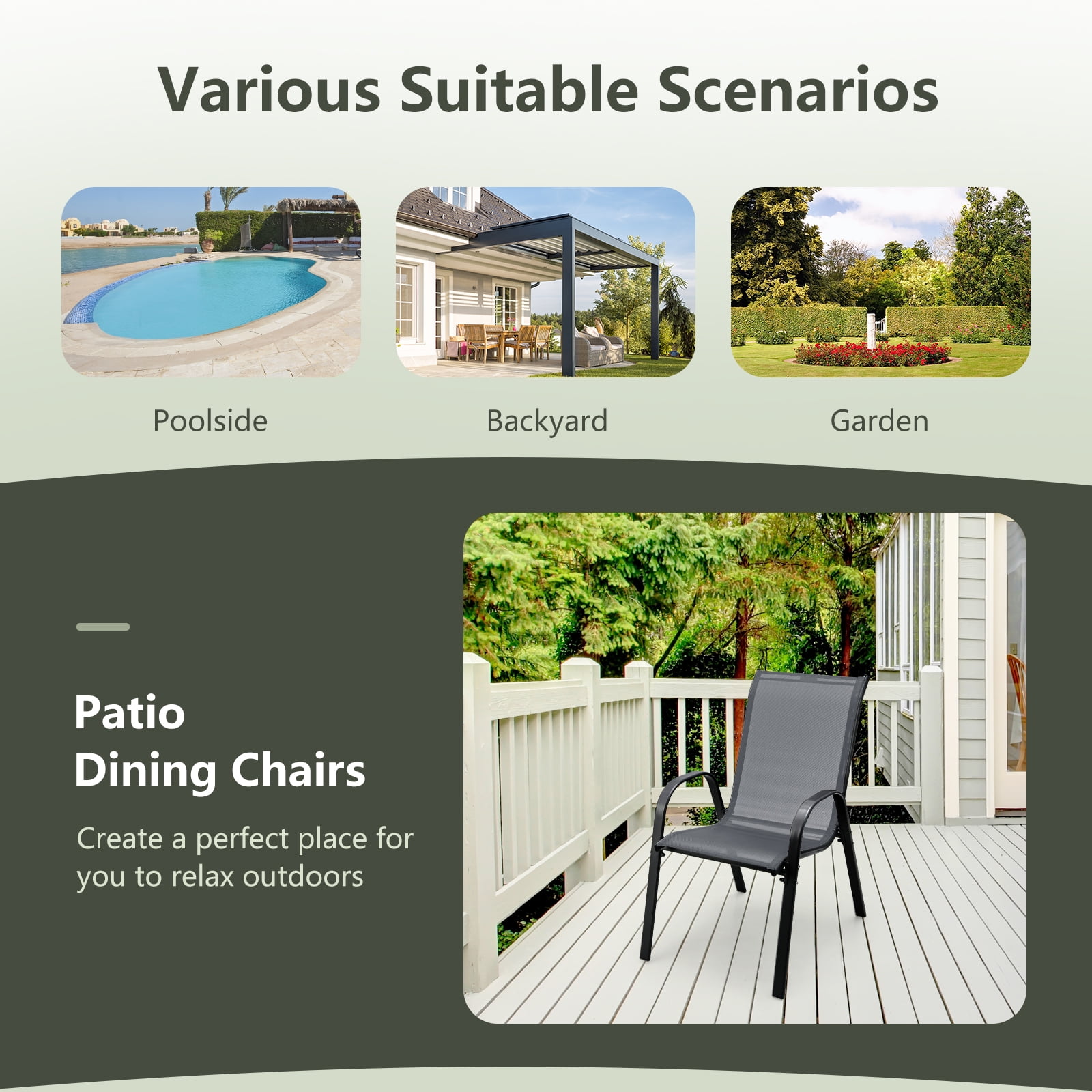 Costway Set of 4 Patio Dining Chairs Stackable Armrest Space Saving Garden  Black & Gray