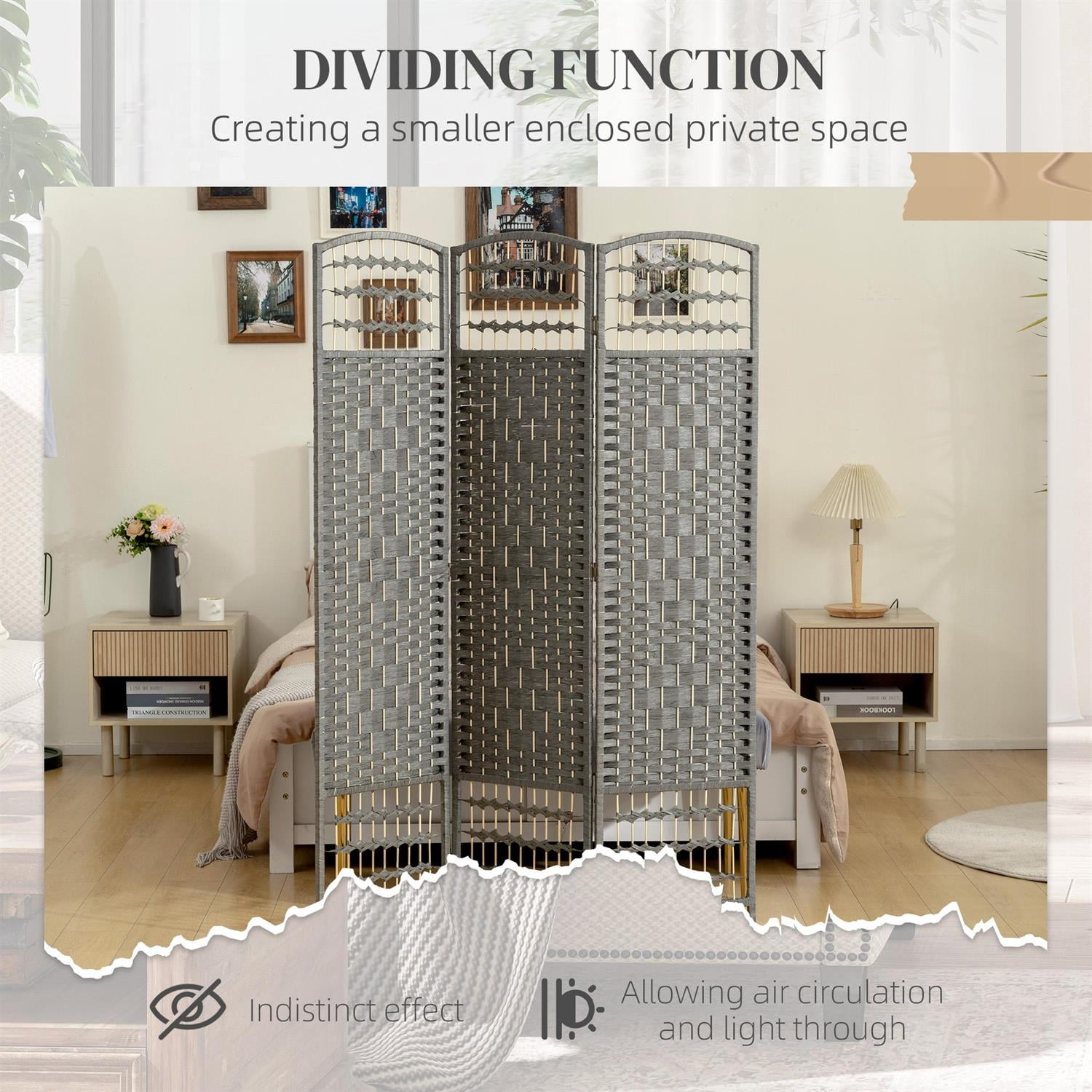 Demi Bonn 3-Panel Folding Room Divider with Wave Fiber Screen, 67" Portable Privacy Screen for Home Office, Gray