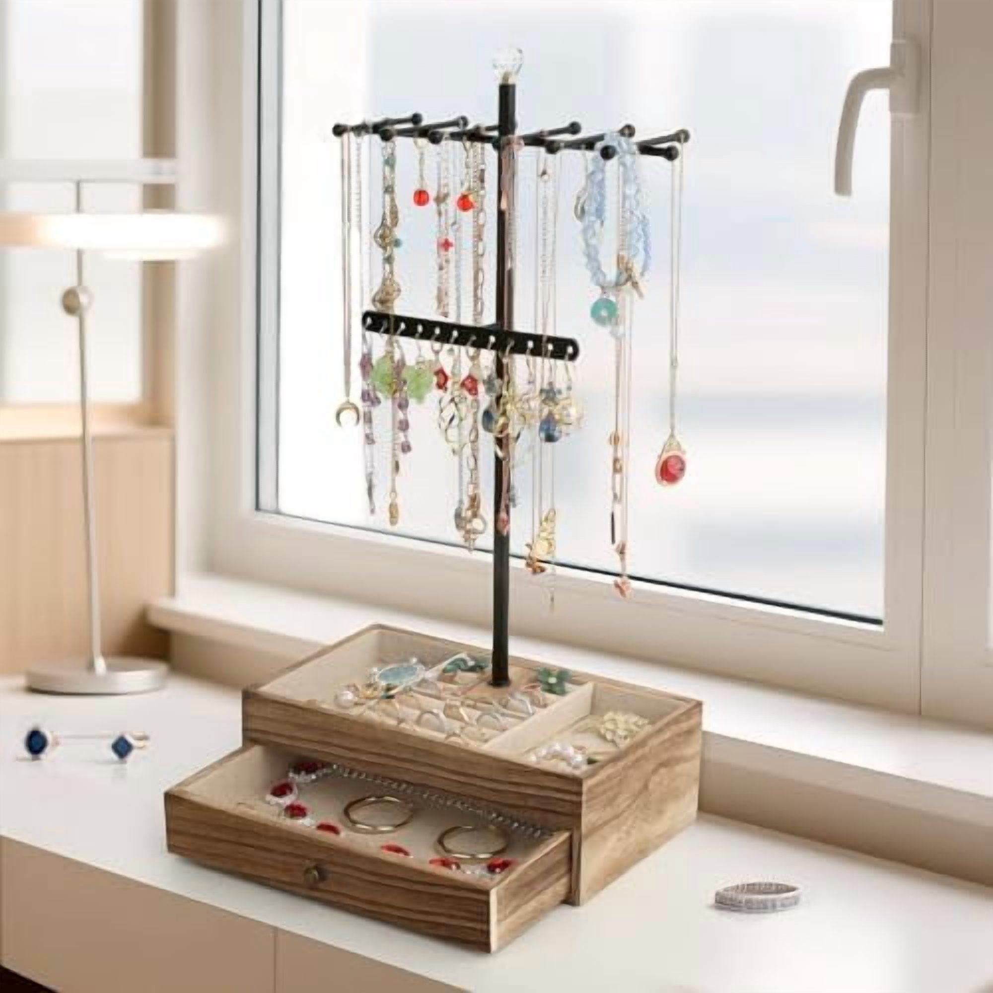 Jewelry Organizer Stand, 3-Tier Necklace Holder Jewelry Tree with Wooden Storage Drawer Box for Necklace Bracelet Earring Ring, Carbonized Black