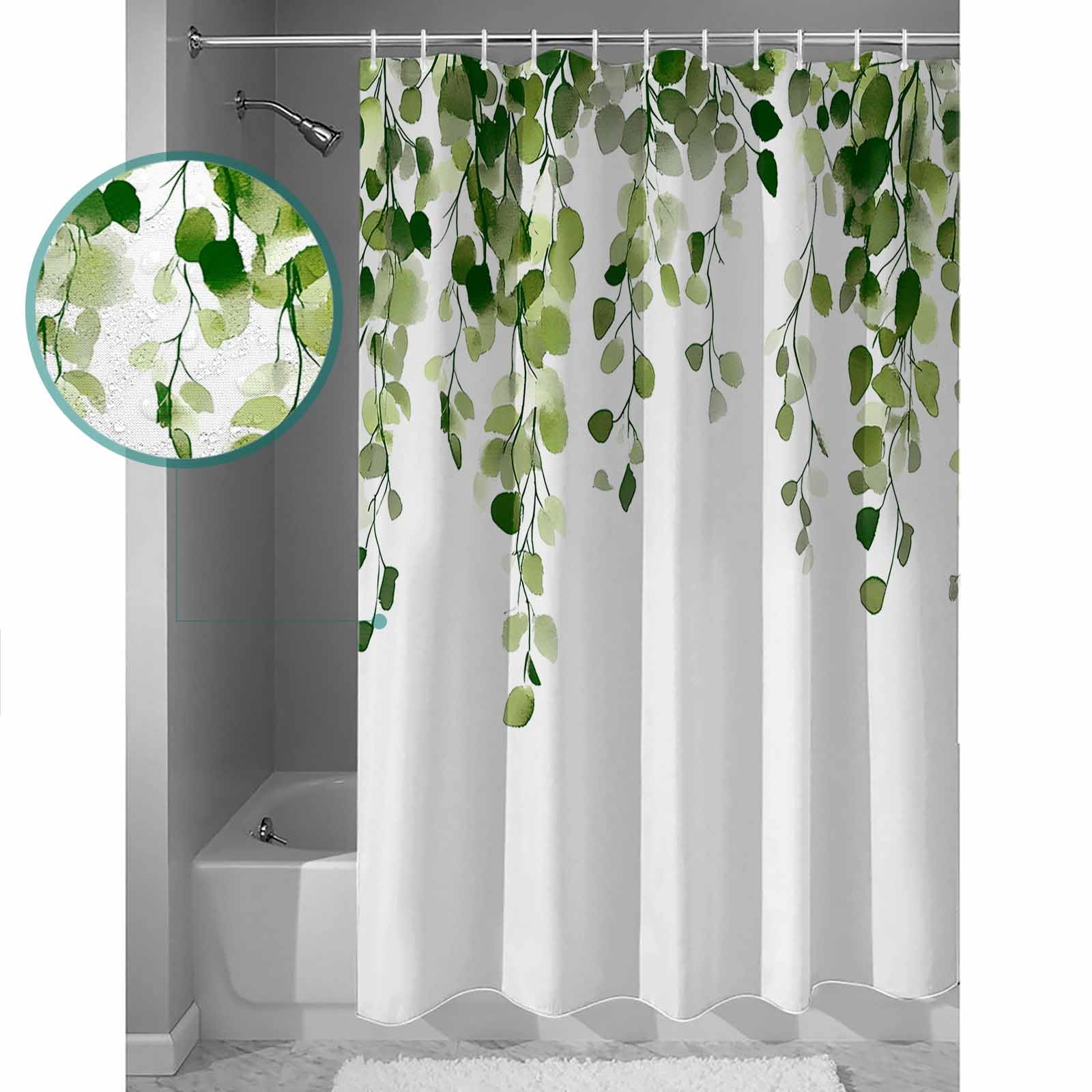 Extra Long Shower Curtain 72x96 Inch, Green Eucalyptus Leaves Shower Curtain Waterproof Bathroom Decor Summer Watercolor Leaf Fabric Bath Curtain Set Accessories with Hooks