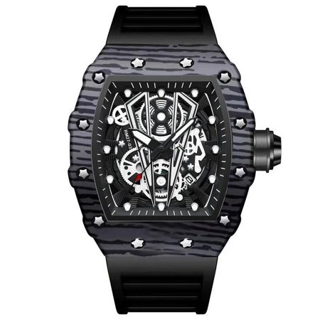 Brand Men Watch Domineering Barrel Watch Curved Mirror Hollow Surface Sports Men Watch Silicone Quartz Wristwatch B8577 black