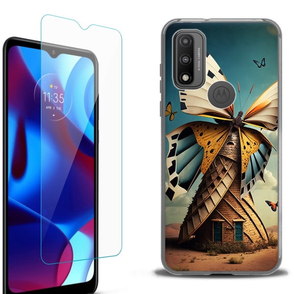 Slim-Fit Fashion Phone Case for Motorola Moto G Pure, with Tempered Glass Screen Protector, by OneToughShield ® - Butterfly Windmills