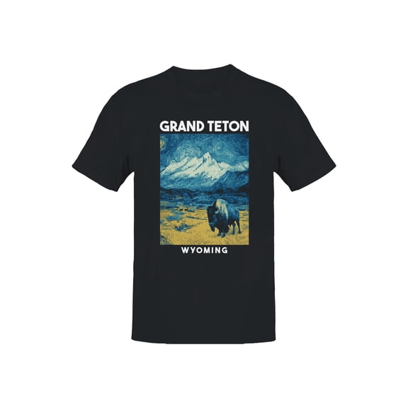 Night Grand Teton Bison Graphic Men's Black T-Shirt