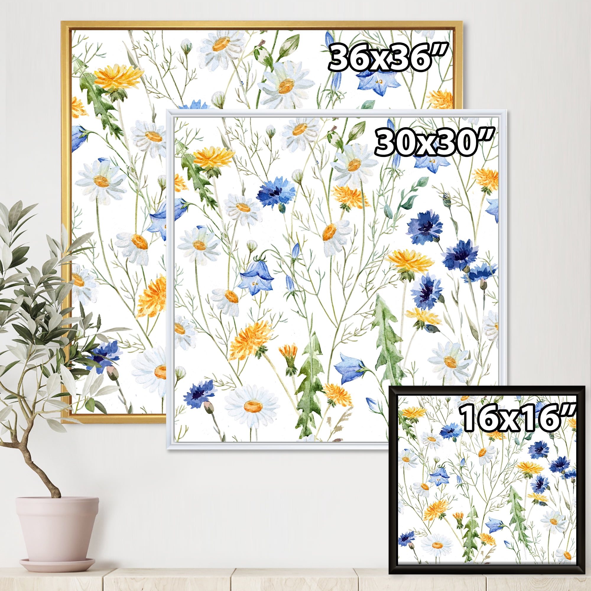 Designart 'Wildflowers Clover Bell and Chamomile II' Traditional Framed Canvas Wall Art Print