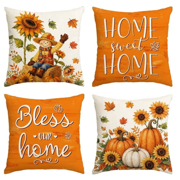 Sm:)e Blesse Sunflower Scarecrow Pumpkin Fall Throw Pillow Cover 18x18 Inch Set of 4, Autumn Decorative Outdoor Cushion Cover for Sofa Couch