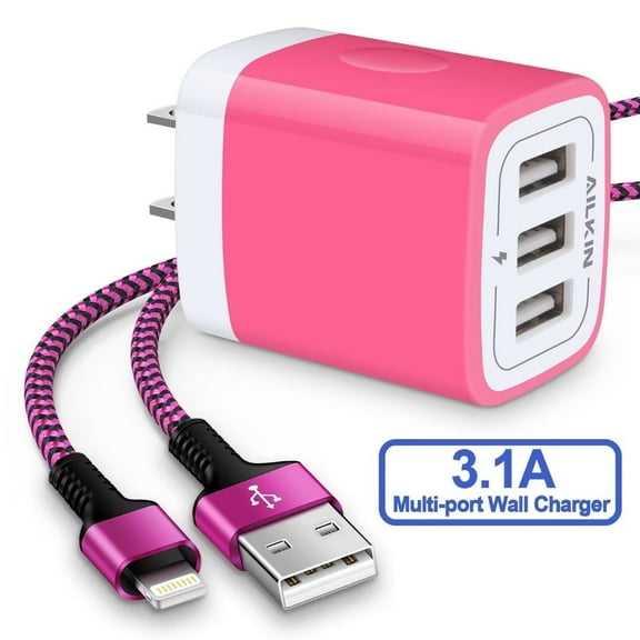 AILKIN Compatible with iPhone Charger Fast Charging with 1Pack Usb A Light-ning Cords 3ft Cords Three Port Charger Blocks Compatible with iPhone 14/13/12/11,Pink