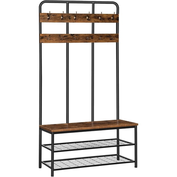 Hall Tree with Bench, Entryway Bench with Coat Rack, Mud Room Rack with 12 Double Hooks and Shoe Storage, Coat Tree, Shoe Rack Organizer, for Foyer, Front Door, Rustic Brown BF05MT01