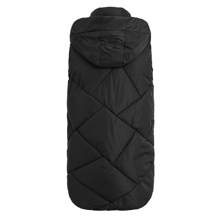 Long Puffer Vest Women, Ladies Zip Up Down Jacket with Detachable Hood  Stand Collar Sleeveless Thick Winter Coats (Large, Black)