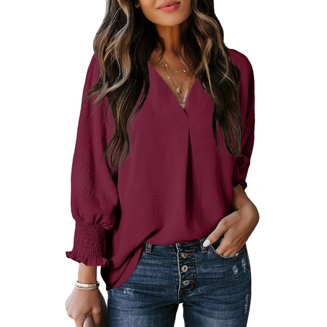 Top Dokotoo para mujer, moda primaveral, cuello en V, rojo, poliéster M