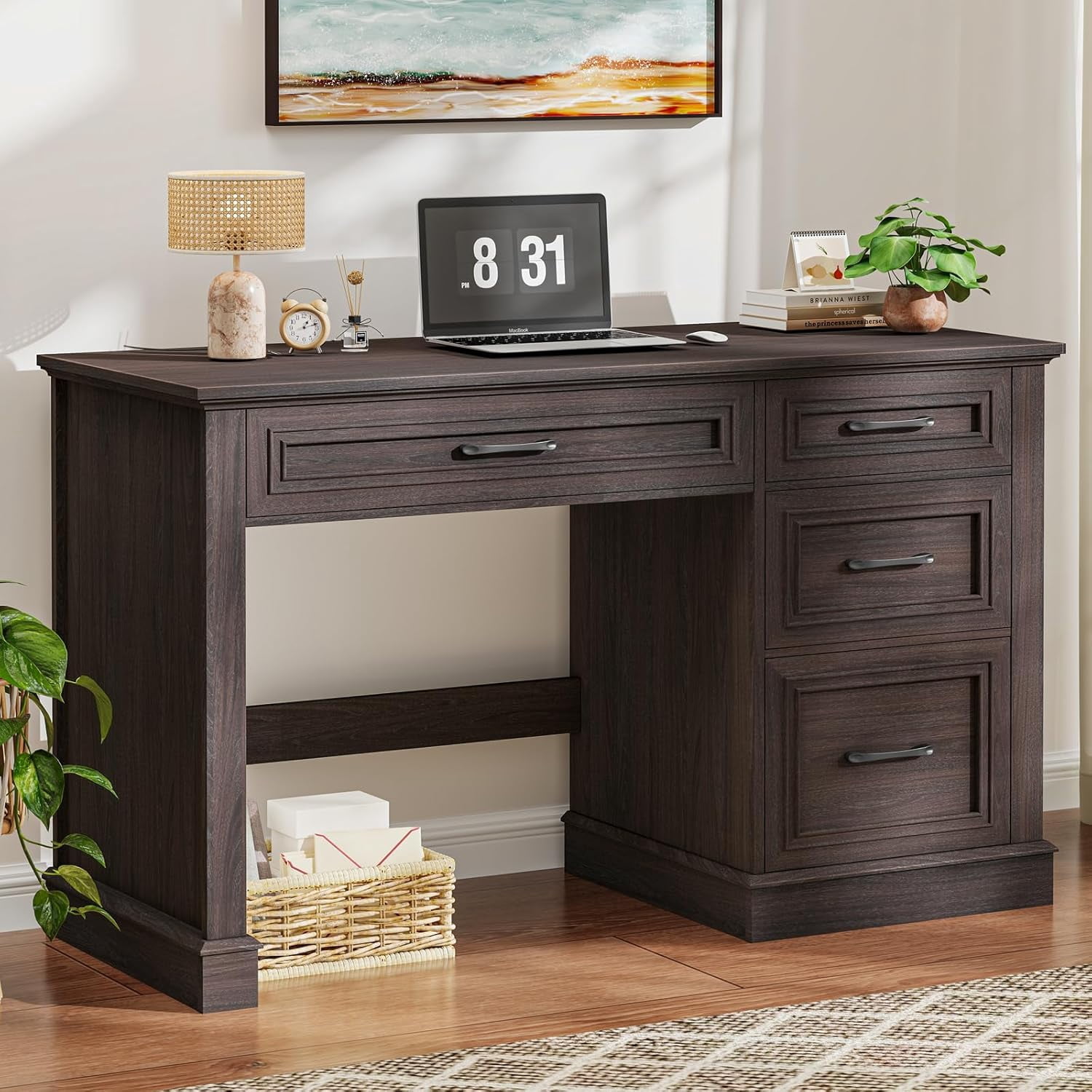 Halitaa Farmhouse 47" Executive Desk with File Drawer, Computer Desk with 4 Drawers, Workstation for Study, Home Office, Writing, Espresso.