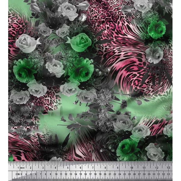 Soimoi Georgette Viscose Fabric Leopard Skin,Dahlia & Rose Flower Print Fabric by The Yard 42 Inch Wide