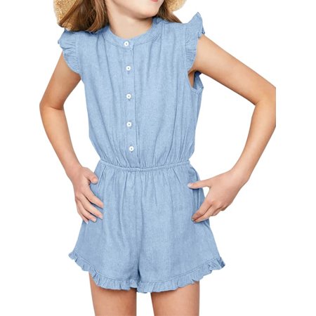 

Langwyqu Girls Solid Color Sleeveless Ruffle Jumpsuit Button Down Overalls For 5-14 Y