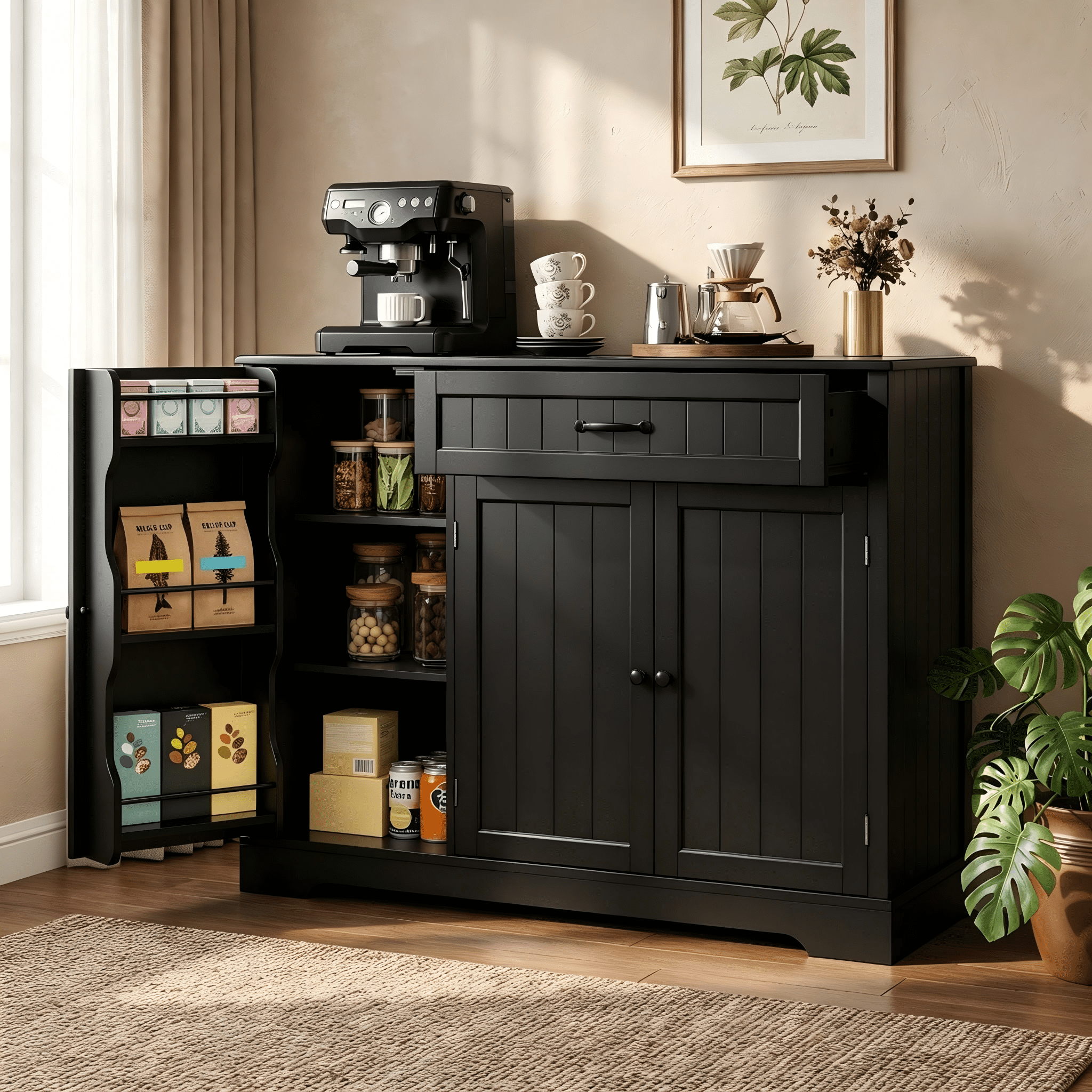 Coffee Bar Cabinet, Lofka 42" Farmhouse Kitchen Storage Sideboard Buffet Cabinet with 8 Shelves & 1 Drawer, Multifunctional Console Table for Dining Living Room Entryway Coffee Station, Black