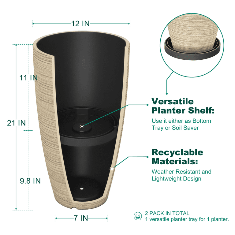 2-Pack 21-Inch Tall Ribbed Plant Pots with Drainage photo 2