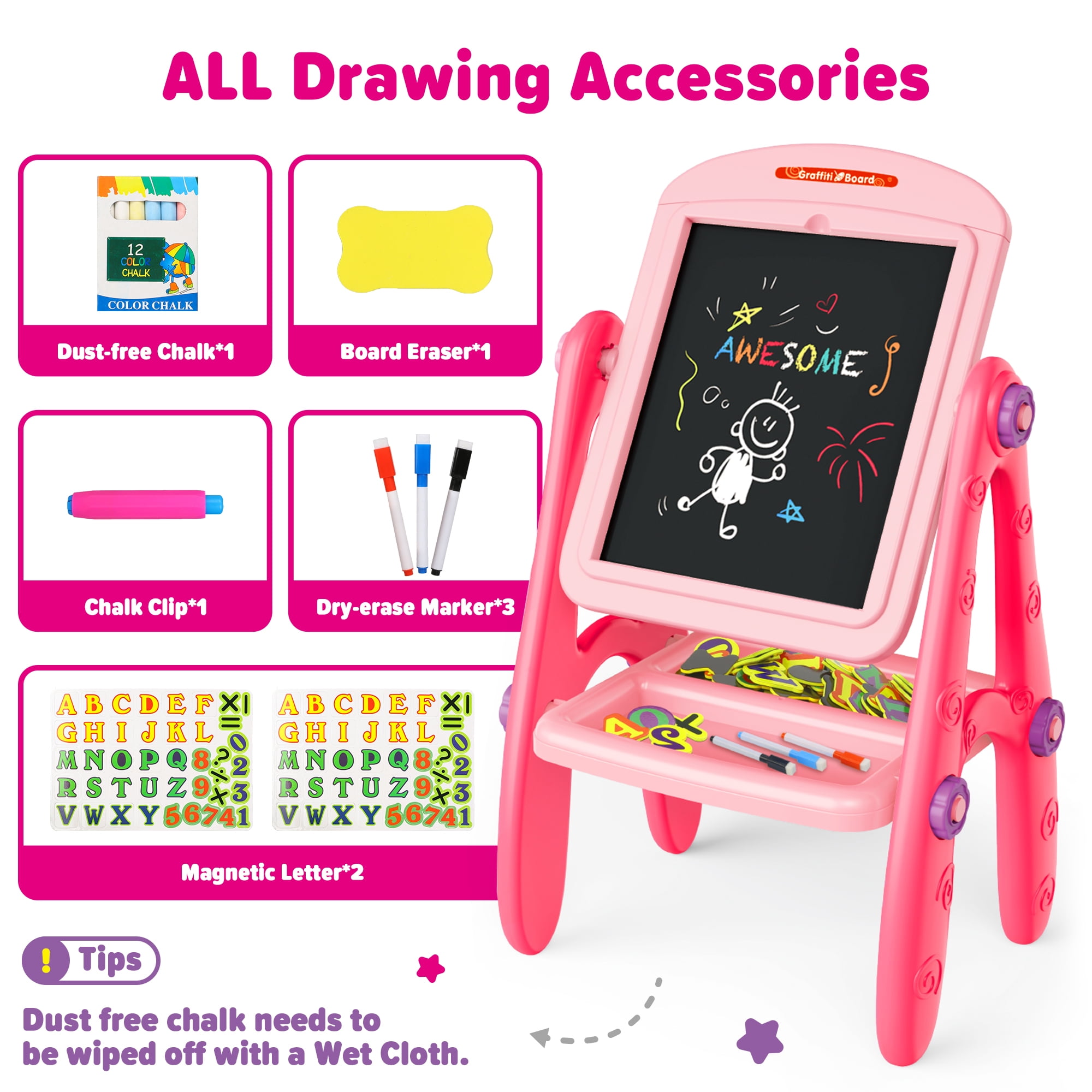 Carsky Art Easel for Kids Toddlers Girls Ages 3 4 5 6 Years, Rotatable Drawing Board Standing, Double Sides with Whiteboard & Chalkboard, Birthday Christmas Gifts(Pink).