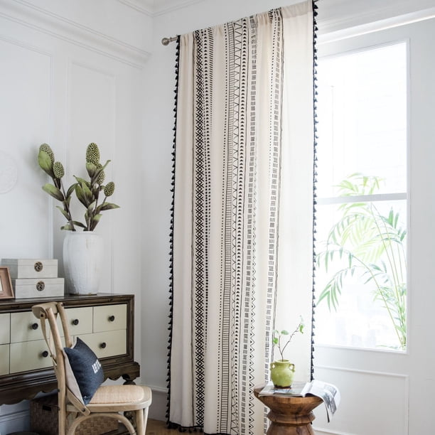 Cortinas de cocina de lino y algodón, estilo boho, con estampado en blanco y negro