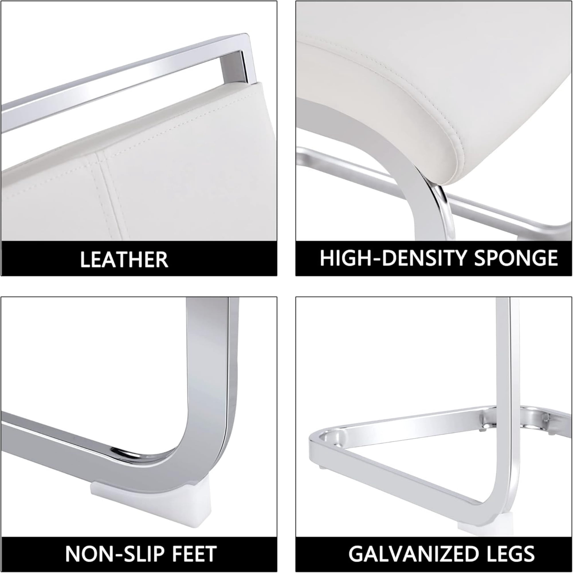 SUDICA Dining Chairs Set of 2 White PU Leather Upholstered Side Chairs with Chrome Metal Legs for Kitchen Dining Room