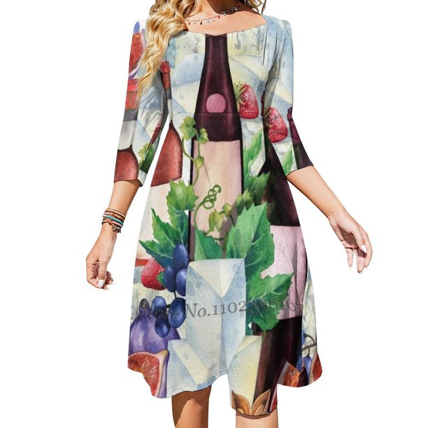 Copas y botellas de vino de acuarela calificadas con deliciosa comida Vestido de cuello cuadrado Lindos vestidos sueltos con estampados Elegante playa